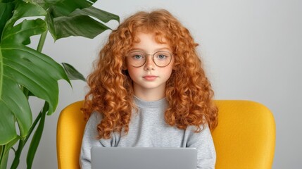 Fototapeta premium Young girl with curly red hair wearing glasses sits in a yellow chair using a silver laptop. A green plant is in the background. 