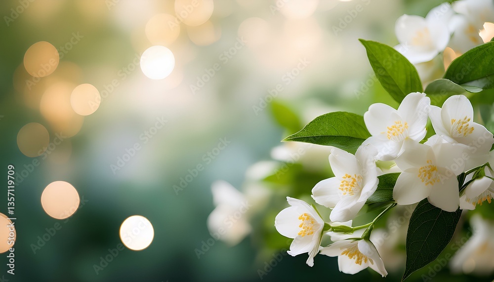 Poster white flowers on a blurred background with copy space.