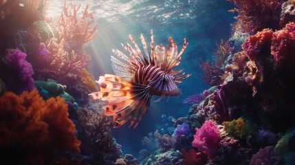 Obraz premium Lionfish swims coral reef sunlight ocean aquarium