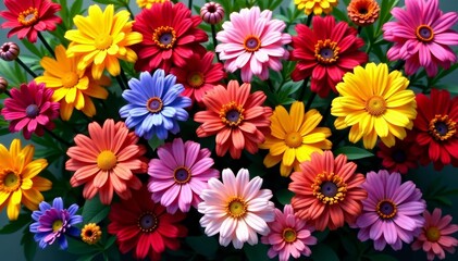 Fototapeta premium Vibrant array of mixed colored flowers in full bloom from top view, top view, floral