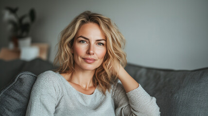 Head shot portrait pretty blonde woman looking at camera, sits alone on sofa photoshooting, enjoy pleasant pastime weekend at home at own or rented apartment. Beautiful mature female profile picture