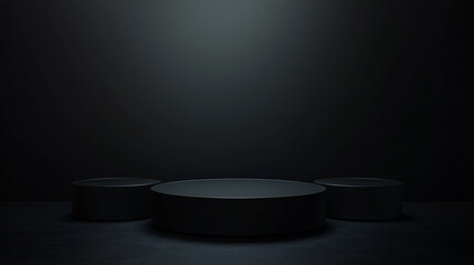 Three dark podiums arranged on a dark surface with a dark background and a single light source above