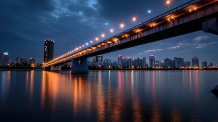 Fototapeta premium Nighttime Cityscape with Illuminated Bridge and Skyline Reflections