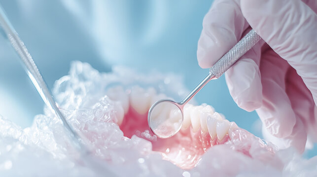 Close up of dental hygienist hands using tools for oral care