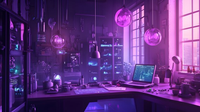 Mystic Workshop: A moody, captivating depiction of a workshop, glowing in shades of purple and pink, adorned with futuristic gadgets, evoking a sense of mystery and technological innovation.