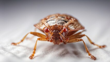 Naklejka premium A close-up shot of a bed bug magnified through a handheld magnifying glass placed on a white