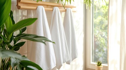 Obraz premium Fresh White Towels Hanging by a Bright Window Surrounded by Greenery