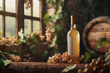 Naklejka premium Close-up of white wine bottle on rustic wooden table, surrounded by grapes