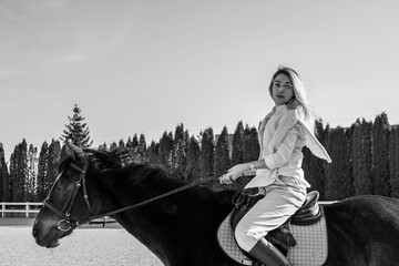 Woman with a horse, countryside place, lady talking to her horse. Portrait of riding horse with...