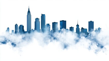 The city skyline is veiled in a misty panorama, set against an urban morning landscape with fog