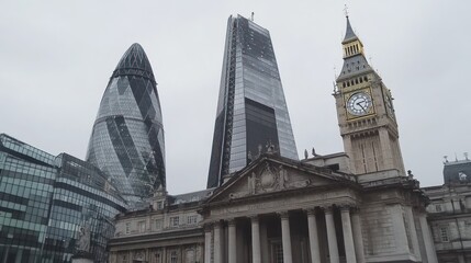 Obraz premium London skyline featuring modern and historic architecture, including the Elizabeth Tower (Big Ben).