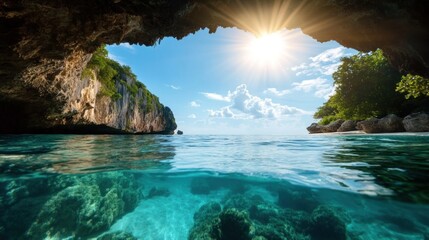 Serene Coastal Landscape with Aqua Water and Rocky Cave View
