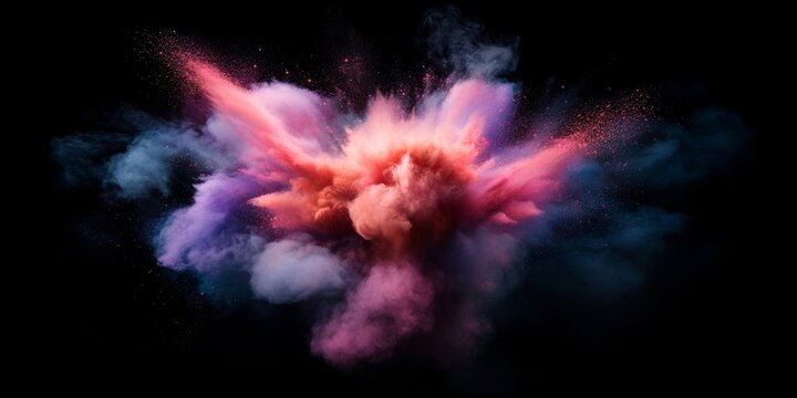 A mesmerizing explosion of vibrant colorful powder particles against black background. This dynamic image embodies energy and creativity