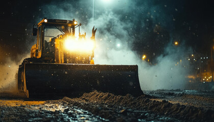 A bulldozer is actively plowing the ground during nighttime, creating dust and moving earth in an urban environment illuminated by street lamps
