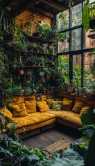 Obraz premium Relaxing corner with yellow couch surrounded by lush greenery and plants.