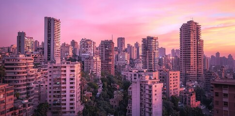 Obraz premium A symphony of skyscrapers emerges at dusk, bathed in warm, fiery hues that dance across the urban horizon