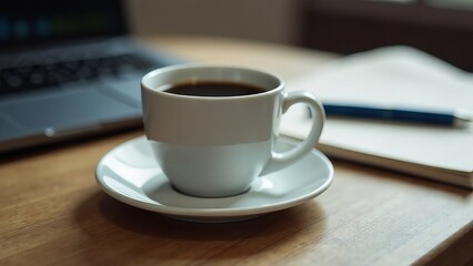 There is a cup of coffee on the table, a diary for writing things down, and an open laptop for getting started.