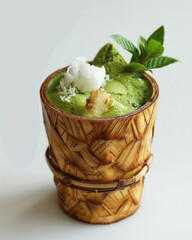 Cocktail made with matcha and coconut milk, served in a handcrafted bamboo cup