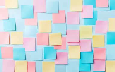 Colorful Sticky Notes on Blue Background, Pastel Colors, Office Supplies, Reminder Notes