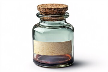 Vintage Glass Bottle with Cork Stopper and Blank Label on White Background for Creative Use