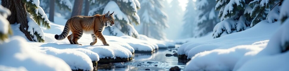 Obraz premium A majestic lynx prowling through a snowy winter landscape, surrounded by tall pine trees and frozen streams, exploration, wilderness