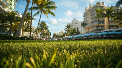 Fototapeta premium The city's skyline comes alive with a picturesque park illuminated by the gentle glow of sunset