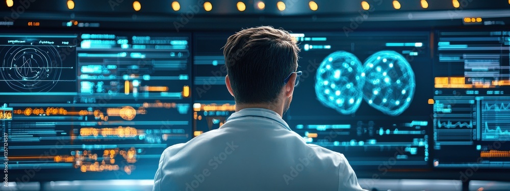 Poster scientist analyzing data with advanced technology in laboratory setting
