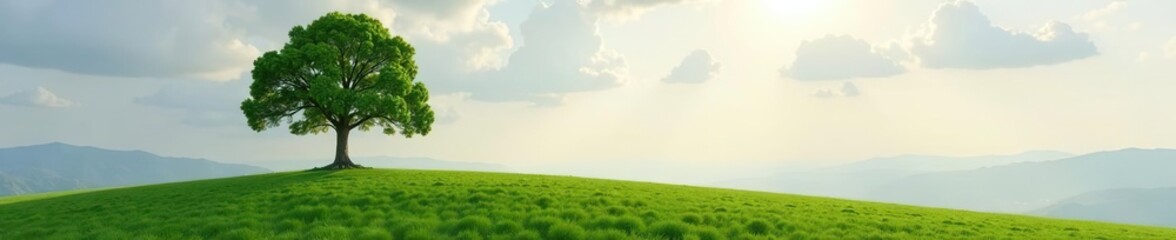 Fototapeta premium A majestic tree standing alone on a grassy hill, overlooking the vast open landscape, peaceful, majestic