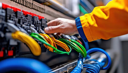 Electrician's hands are carefully handling colorful wires in a busy electrical panel within a workspace, ensuring safety and functionality