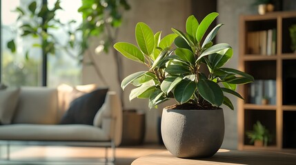Elegant potted plant in a neutral palette living area adding a touch of greenery to modern home decor aesthetics