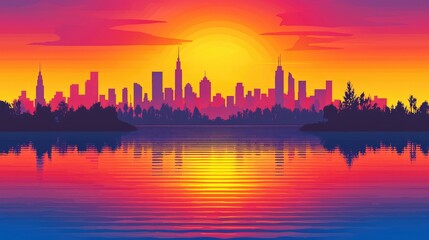 Obraz premium Vibrant sunset over city skyline reflected in calm water; ideal for travel brochures