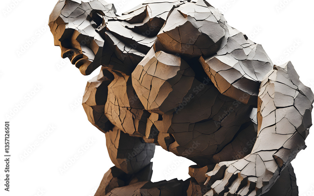Poster ancient golem statue with cracks revealing energy, isolated on a empty plain background