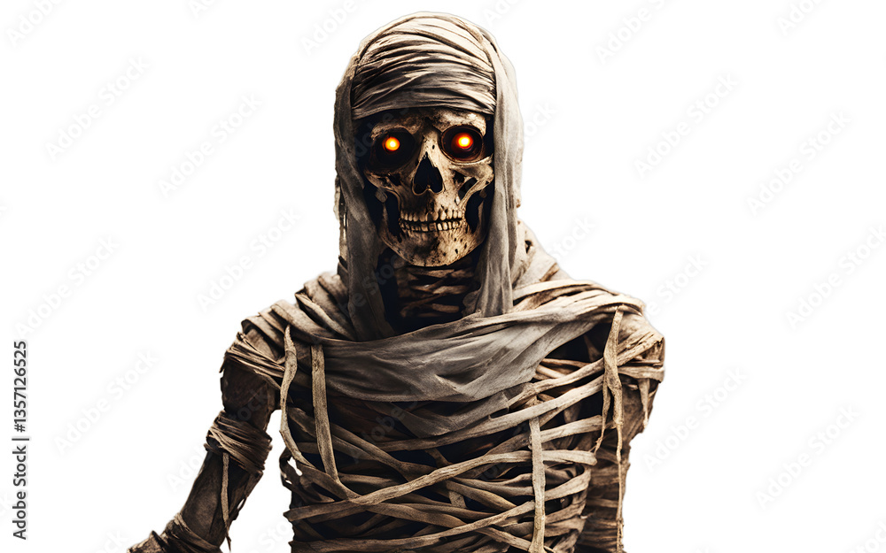 Poster ancient mummy wrapped in tattered bandages with glowing eyes, isolated on a empty plain background