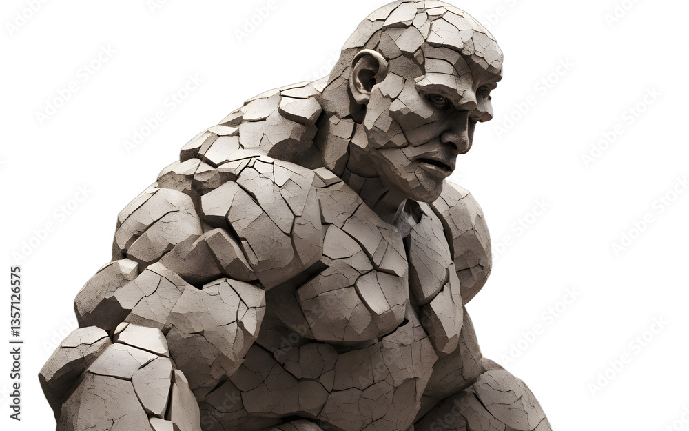 Poster ancient golem statue with cracks revealing energy, isolated on a empty plain background