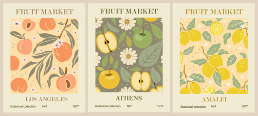 Set of Abstract Fruit Market retro posters. Trendy contemporary wall arts with peach, apple, lemon fruits. Modern naive groovy interior decorations, vector art paintings.