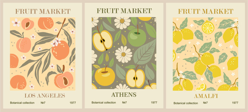 Set of Abstract Fruit Market retro posters. Trendy contemporary wall arts with peach, apple, lemon fruits. Modern naive groovy interior decorations, vector art paintings.