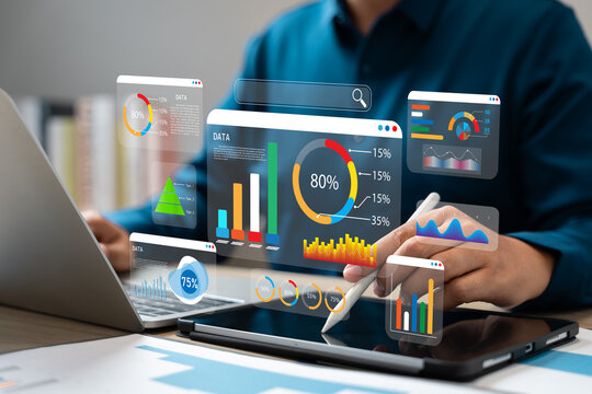 Data science and business intelligence, Business data analytics, Analyst using big data dashboard for performance evaluation, KPI metrics, Strategic decision making with AI and technology.