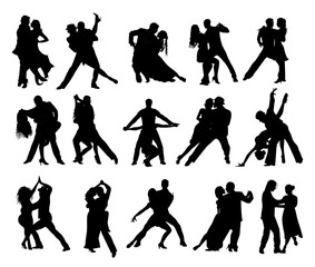 Obraz premium Silhouettes of different Dancing Couples, Dancers Tango, Salsa, Bachata, Flamenco, Latina Dance. Young men and women in dance poses. Vector black illustrations isolated