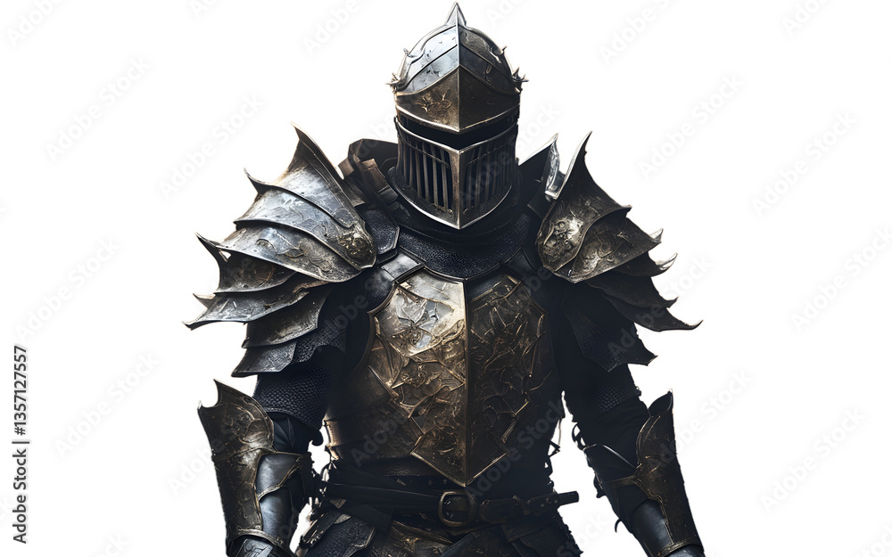 Poster Cursed knight with cracked armor and a ghostly aura, isolated on a empty plain background