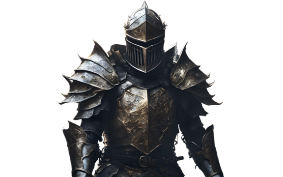 Cursed knight with cracked armor and a ghostly aura, isolated on a empty plain background