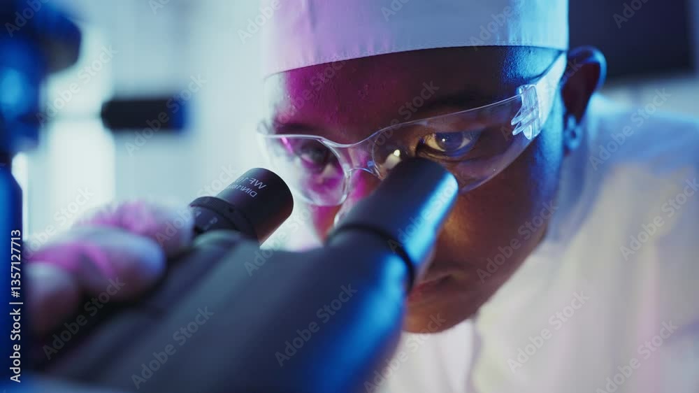 Wall mural focused scientist wearing protective gear analyzing molecular sample through advanced microscope in 