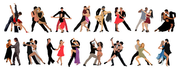 Set of different Dancing Couples, Dancers Tango, Salsa, Bachata, Flamenco, Latina Dance. Young men and women in dance poses. Vector realistic illustration isolated