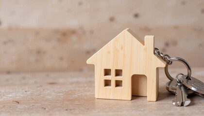 House-shaped keychain symbolizing home and security on wooden surface