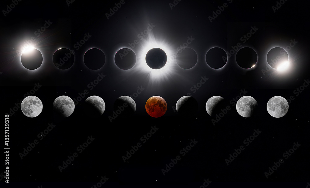 Wall mural total solar eclipse and total lunar eclipse composite