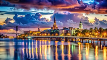 Obraz premium Charleston South Carolina Skyline Night Photography - Dramatic Cityscape