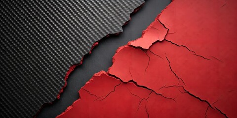 Fototapeta premium contrasting background consisting of two parts, dark with carbon fiber texture and red with torn paper or cracked surface effect