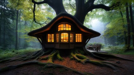 Enchanted Treehouse Cabin in Mist-shrouded Forest