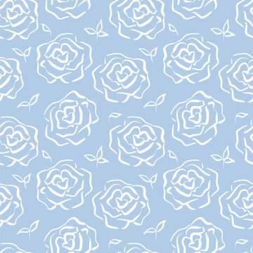 Seamless pattern with roses in sketch style. Simple silhouettes of white roses on a blue background. Floral texture. Perfect for textiles, wallpaper, packaging and wrapping paper. Vector illustration