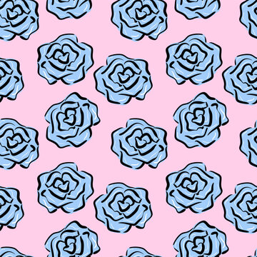 Seamless pattern with roses in sketch style. Simple silhouettes of blue roses on a pink background. Floral texture. Perfect for textiles, wallpaper, packaging and wrapping paper. Vector illustration