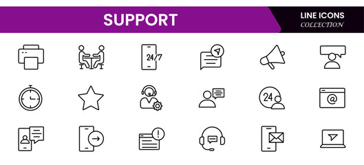  Support  Outline Icon Collection. Thin Line Set contains such Icons as Online Help, Helpdesk, Quick Response, Feedback and more. Simple web icons set.